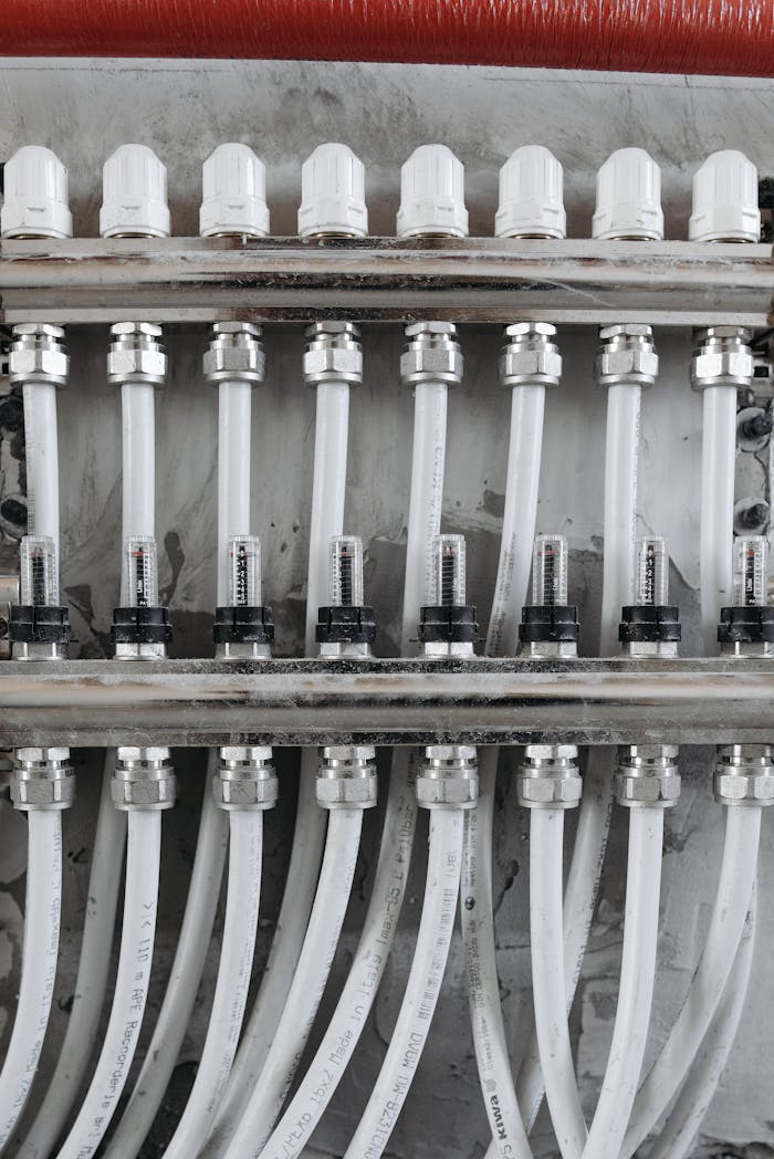 Close-up view of an industrial pipe connection system with gauges and valves.